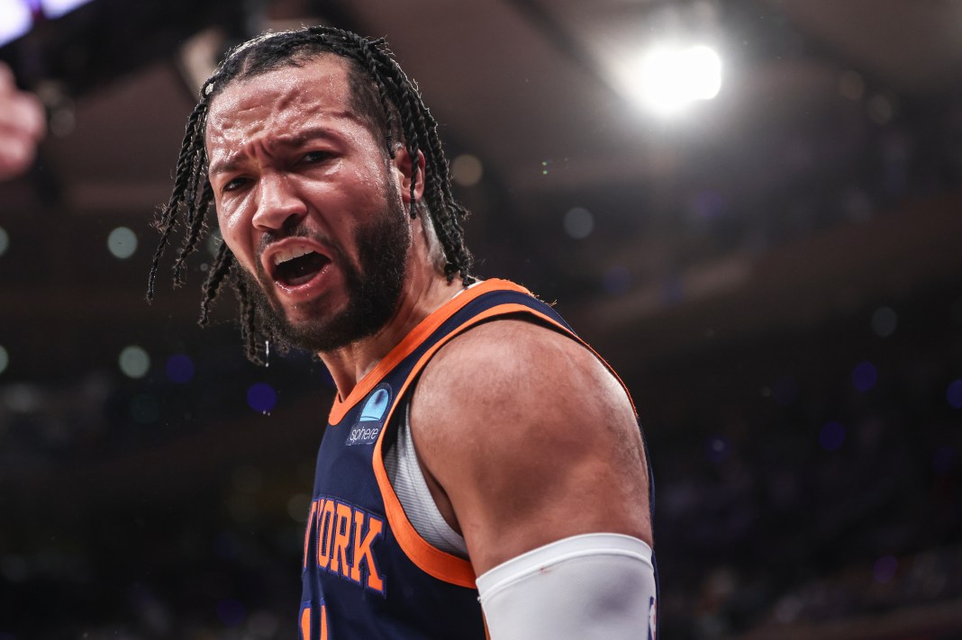 Knicks guard Jalen Brunson celebrates after scoring against the Pacers in the 2024 NBA playoffs.