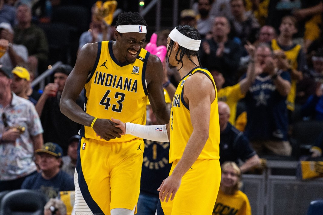 Indiana Pacers forward Pascal Siakam (43) and guard Andrew Nembhard (2) celebrate a made basket during game four of the second round for the 2024 NBA playoffs against the New York Knicks at Gainbridge Fieldhouse