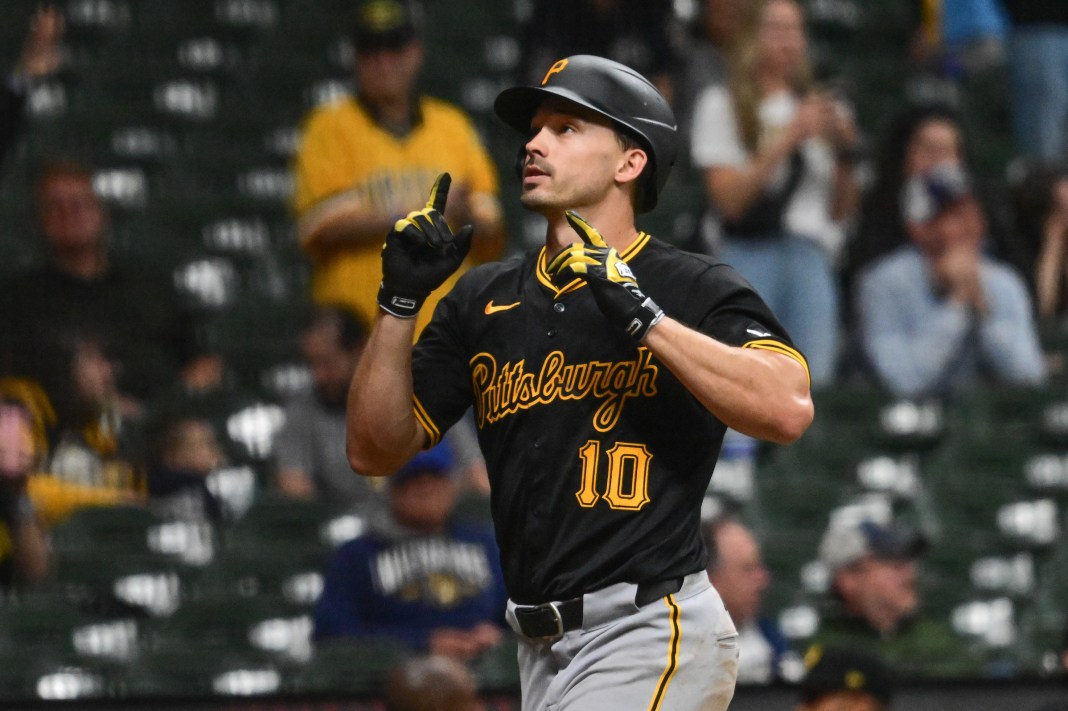 Pittsburgh Pirates player Bryan Reynolds celebrates in a game against the Milwaukee Brewers.