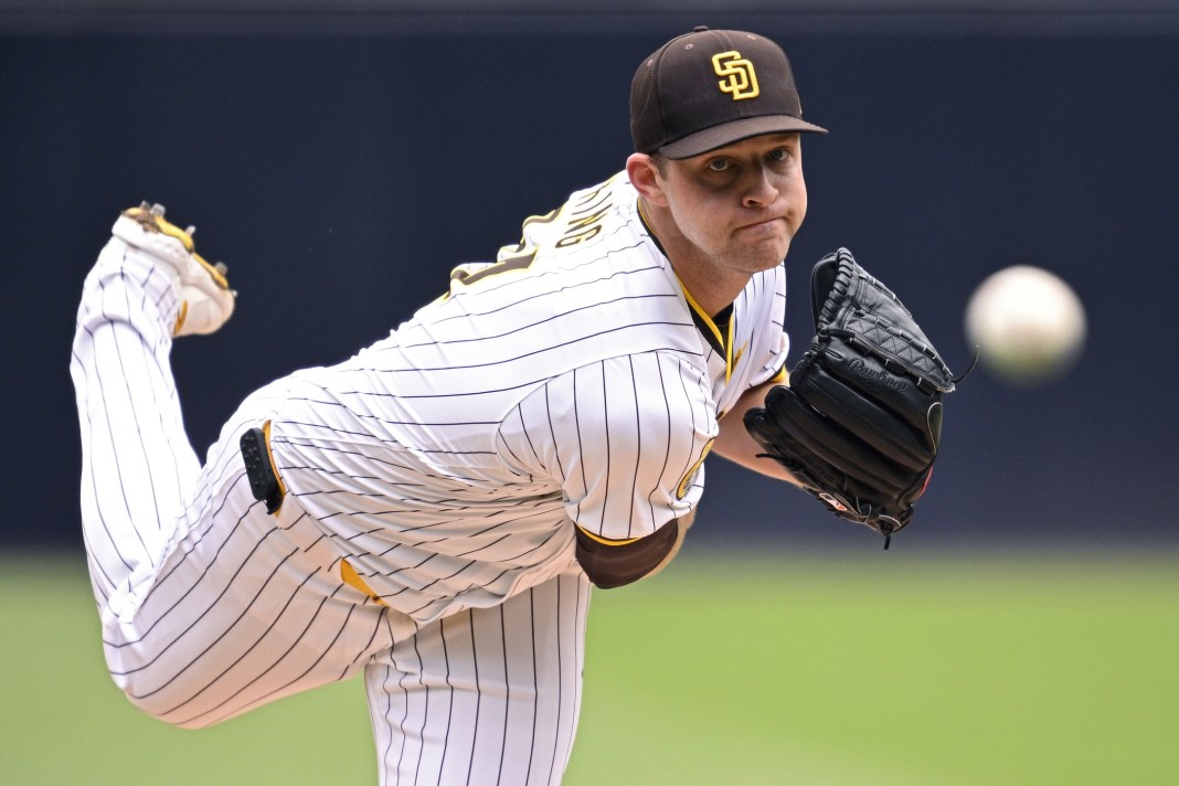 San Diego Padres starting pitcher Michael King (34) throws a pitch against the Colorado Rockies during the first inning at Petco Park.