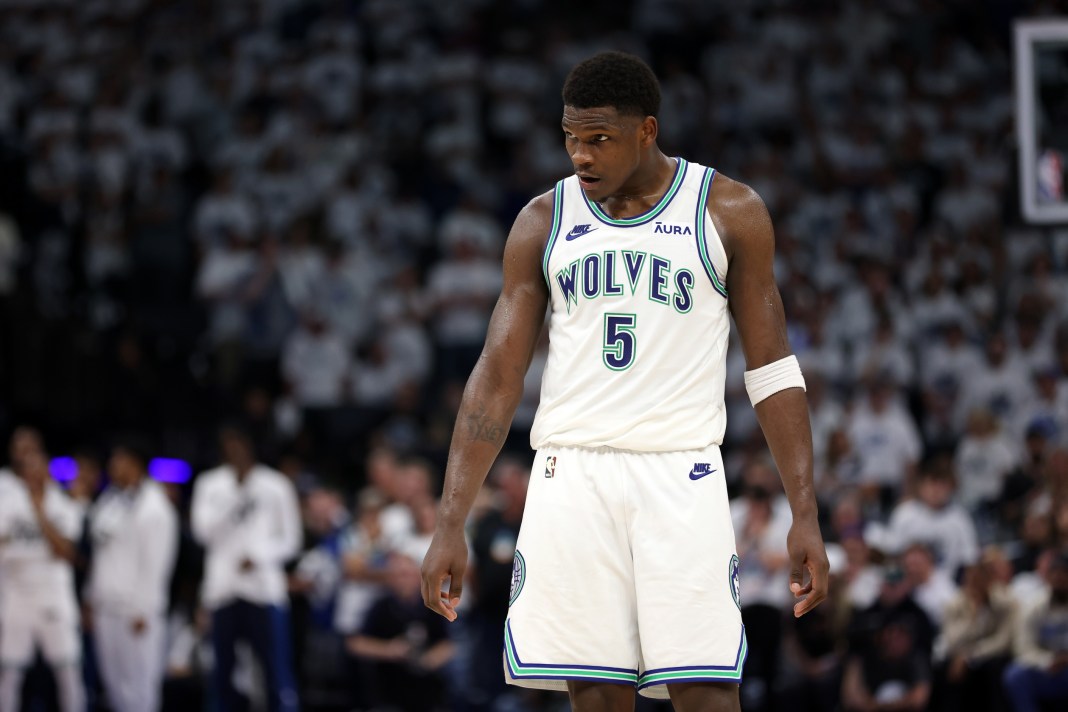 Anthony Edwards looks on during the Minnesota Timberwolves' Game 1 meeting with the Dallas Mavericks in the Western Conference Finals.