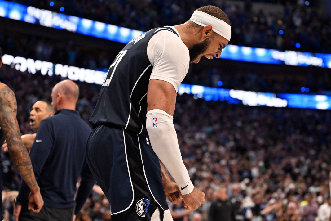 Dallas Mavericks center Daniel Gafford celebrates in the fourth quarter against the Minnesota Timberwolves in the 2024 NBA playoffs.