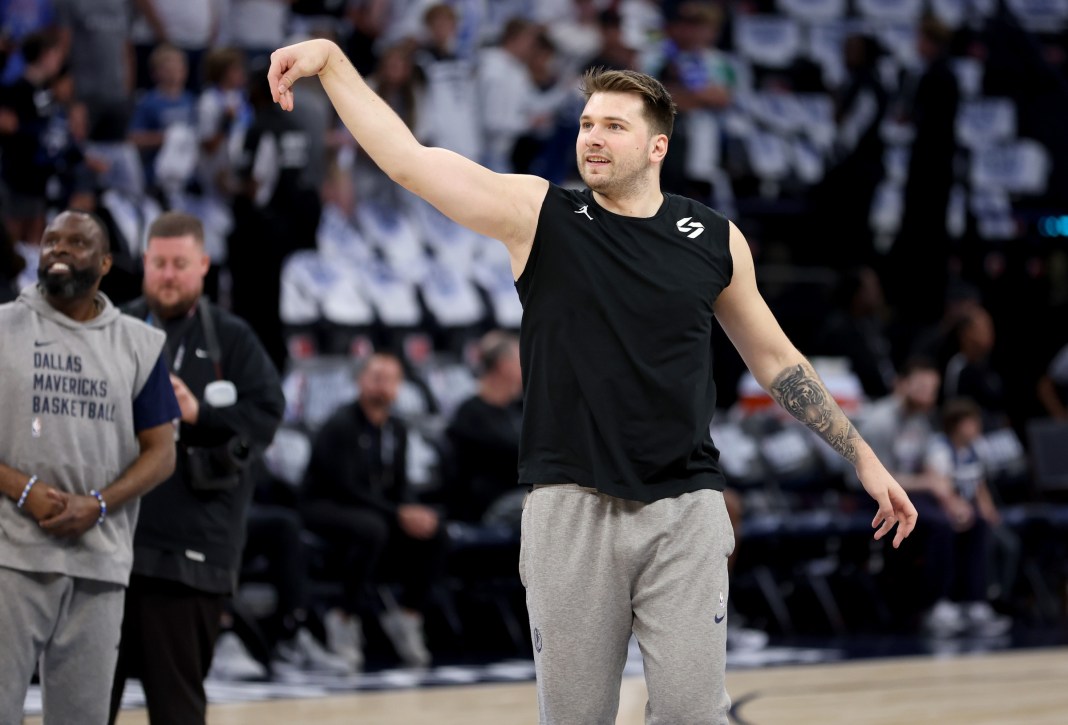 Dallas Mavericks guard Luka Doncic (77) warms up before game five of the western conference finals for the 2024 NBA playoffs