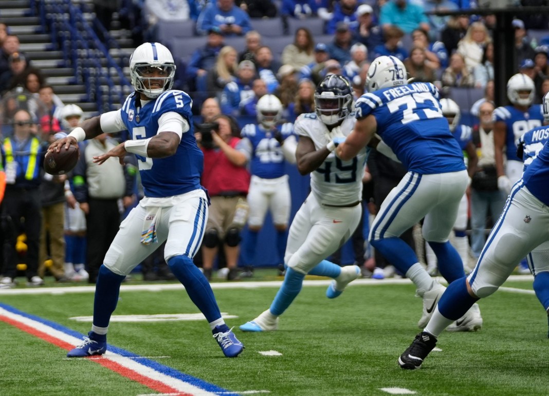 Indianapolis Colts quarterback Anthony Richardson (5) throws the ball on Sunday, Oct. 8, 2023, during a game against the Tennessee Titans