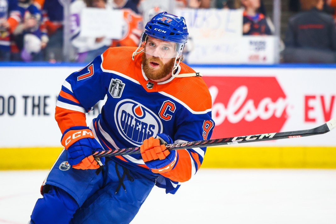 Edmonton Oilers center Connor McDavid (97) skates during the warmup period against the Florida Panthers in game six of the 2024 Stanley Cup Final at Rogers Place