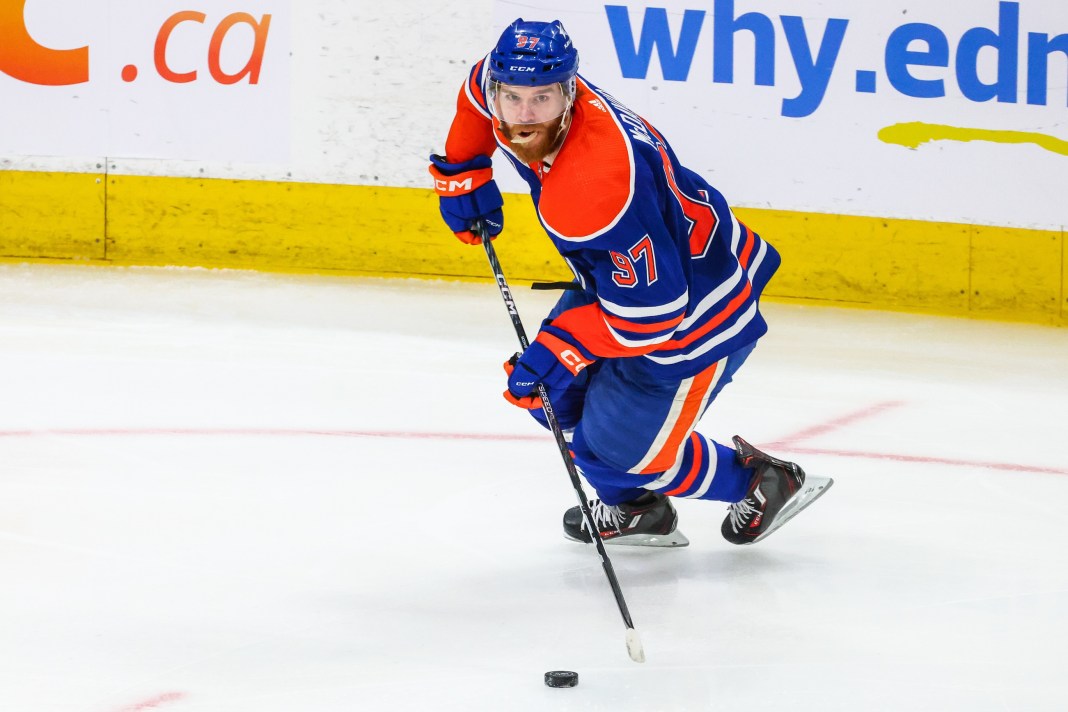 Edmonton Oilers center Connor McDavid (97) skates with the puck against the Florida Panthers