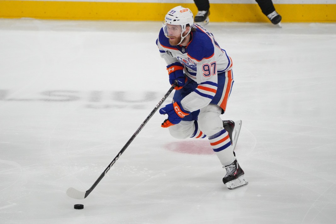 Edmonton Oilers forward Connor McDavid (97) skates with the puck during the second period against the Florida Panthers in game two of the 2024 Stanley Cup Final