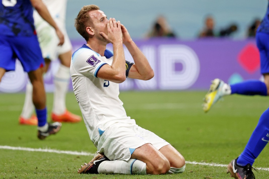 England forward Harry Kane reacts after missing a header for a shot off of a corner kick during the 2022 World Cup at Al Bayt Stadium.