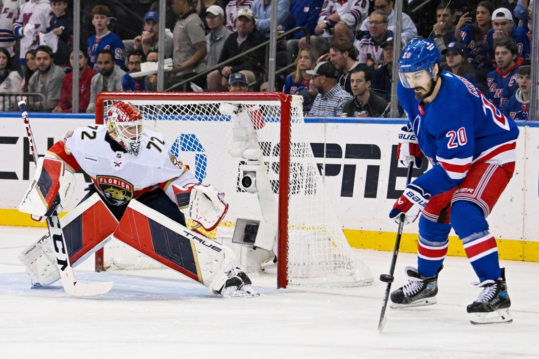 New York Rangers left wing Chris Kreider attempts a shot on Florida Panthers goaltender Sergei Bobrovsky.