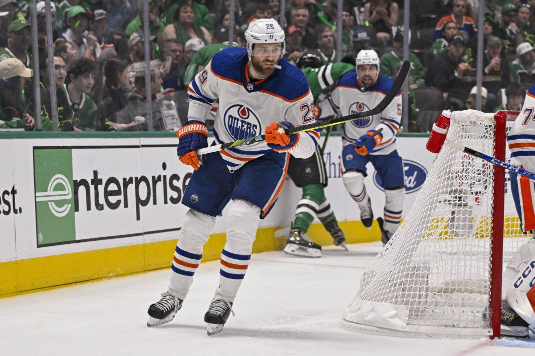 Edmonton Oilers center Leon Draisaitl in action during the game against the Dallas Stars in the 2024 Stanley Cup Playoffs.