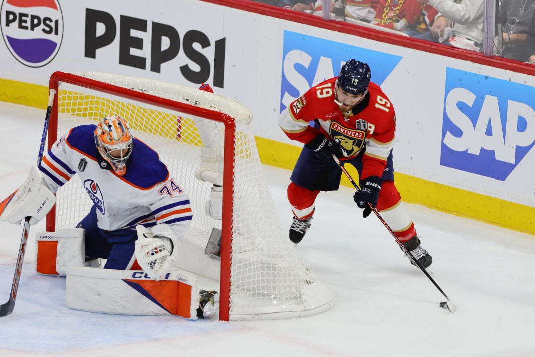 Florida Panthers forward Matthew Tkachuk with a wrap around attempt on goal against Edmonton Oilers goaltender Skinner Stuart.