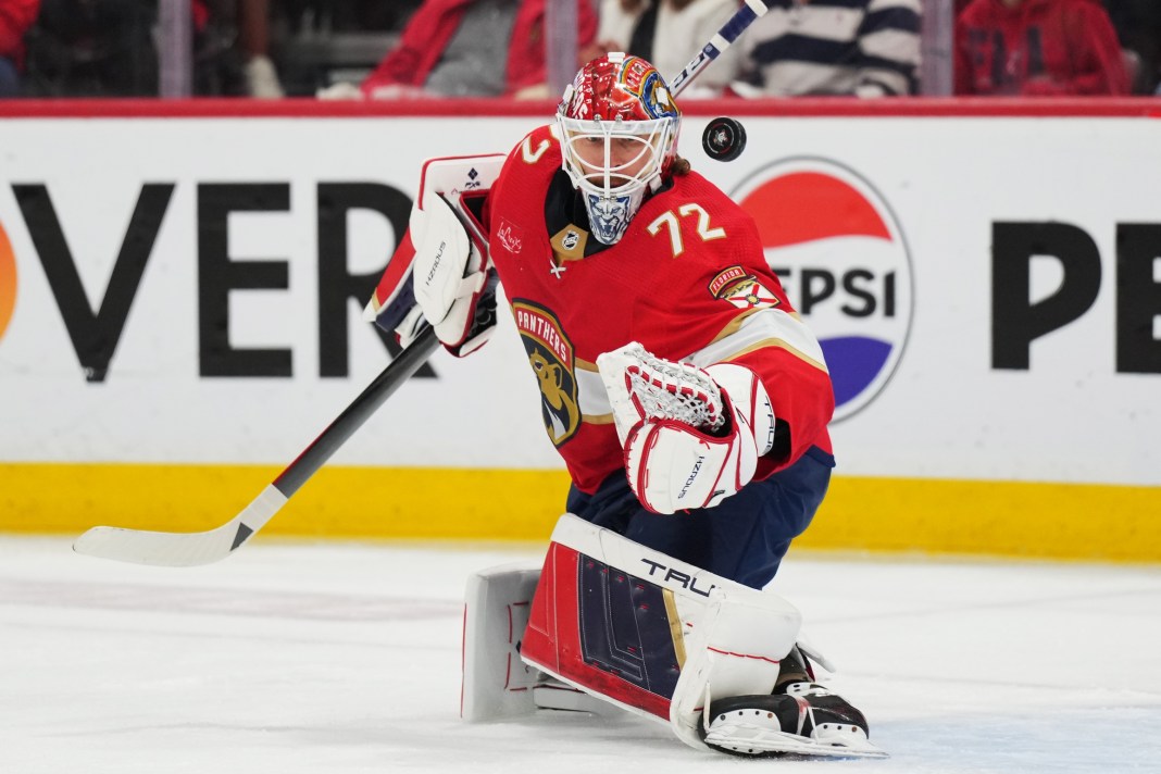 Florida Panthers goaltender Sergei Bobrovsky makes a save against the New York Rangers in game six of the 2024 Stanley Cup Playoffs.