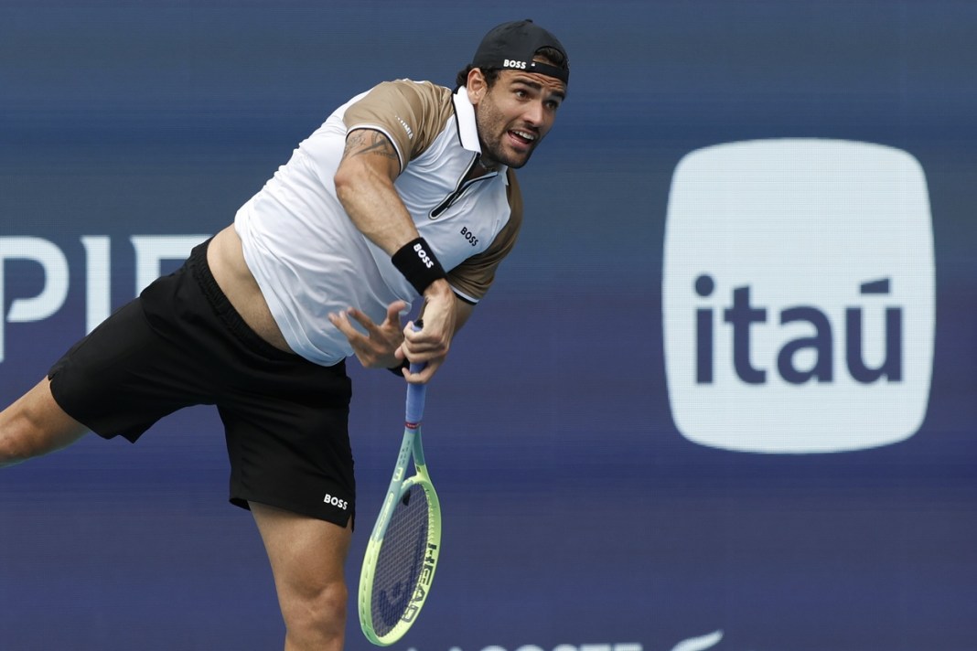 Matteo Berrettini hits a serve in his match against Andy Murray at the Miami Open.