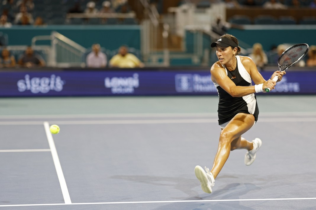 Jessica Pegula hits a backhand in a match against Ekaterina Alexandrova at the Miami Open.