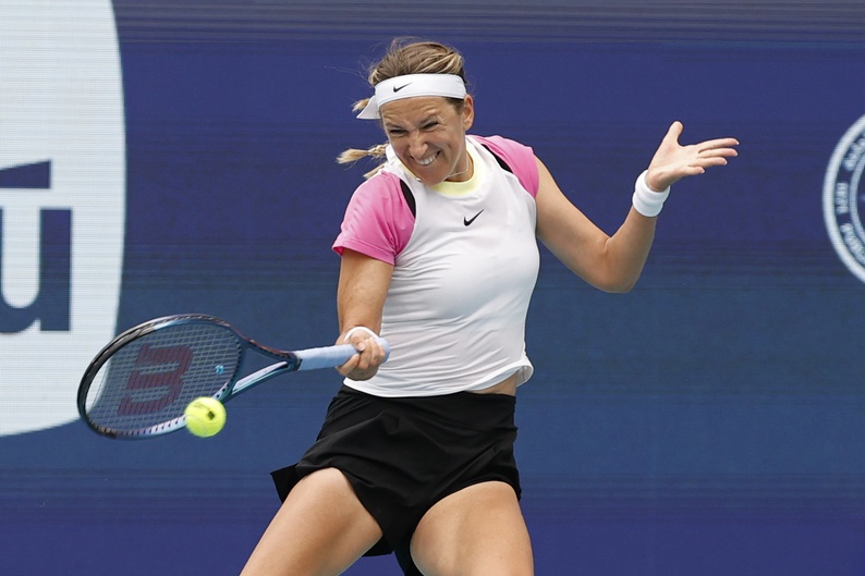 Victoria Azarenka hits a forehand in her match against Elena Rybakina at the Miami Open.