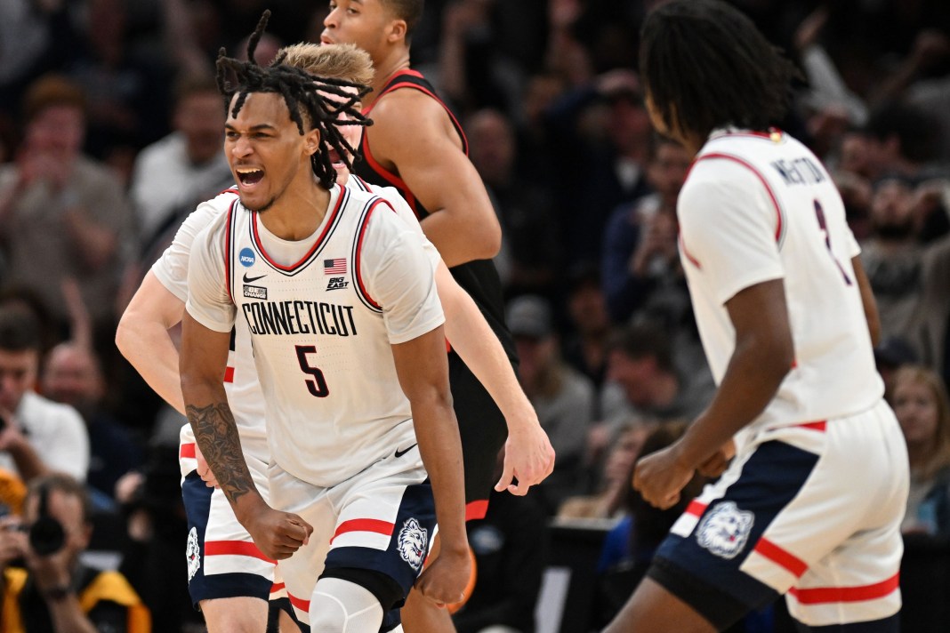 2024 NBA Draft prospect Stephon Castle celebrates a big play against the San Diego State Aztecs in the NCAA Tournament.