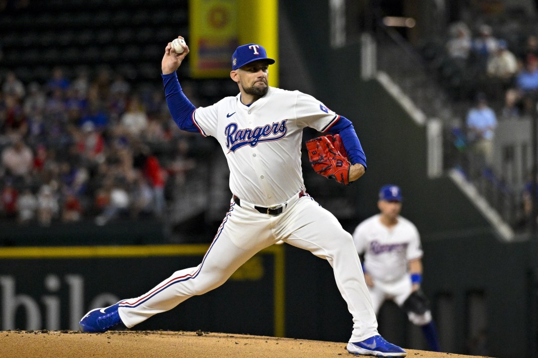 Texas Rangers starting pitcher Nathan Eovaldi throws a pitch in a start against the Washington Nationals.