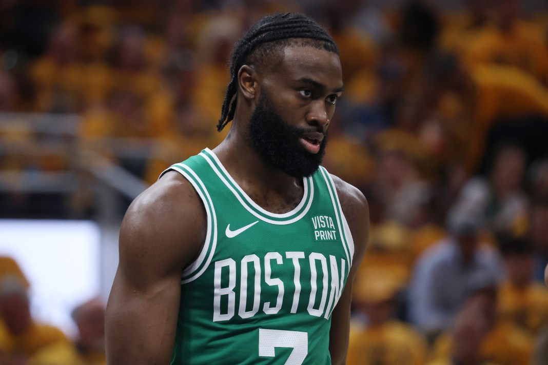 Celtics guard Jaylen Brown reacts in the 2024 NBA playoffs against the Pacers.