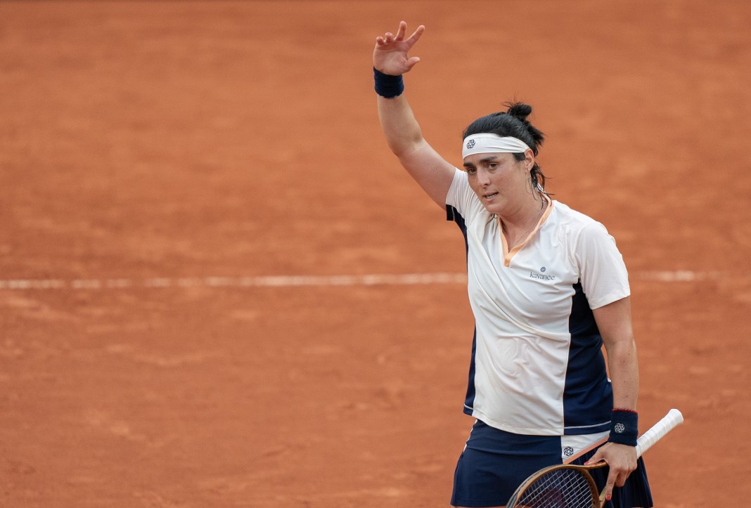 Ons Jabeur celebrates a win over Leylah Fernandez at the French Open.