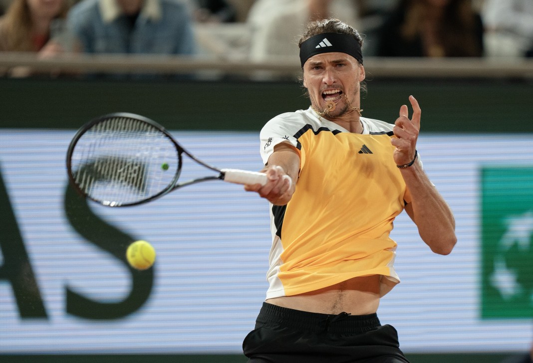 Alexander Zverev hits a forehand in his match against Alex de Minaur at the French Open.