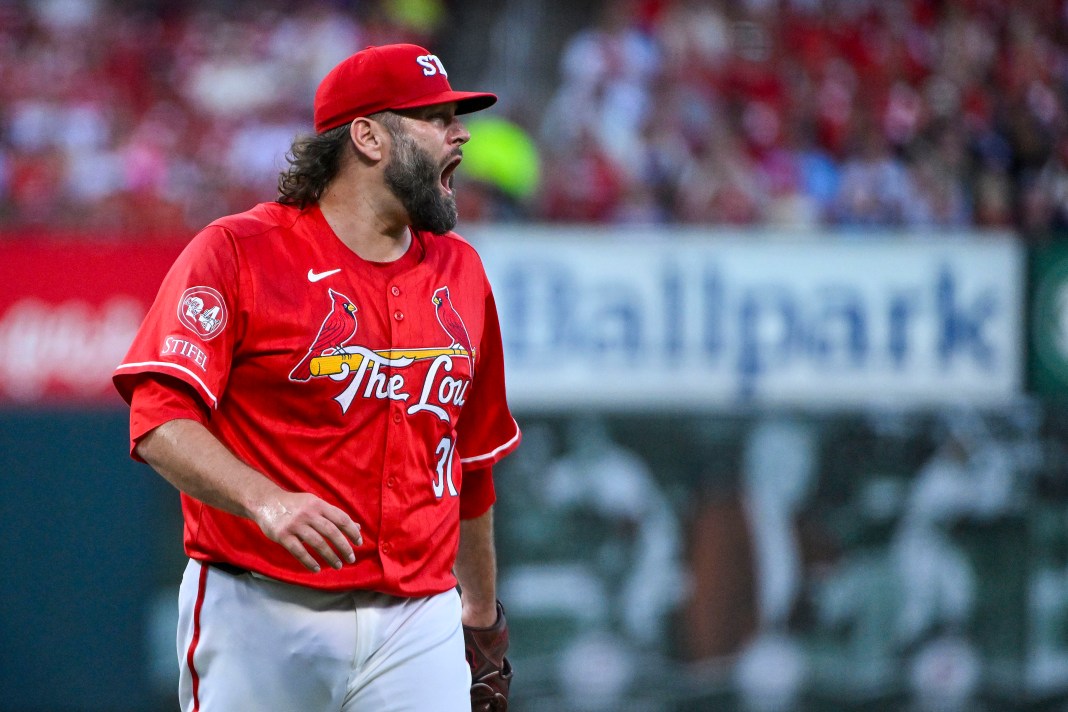 St. Louis Cardinals starting pitcher Lance Lynn (31) reacts after striking out Colorado Rockies right fielder Michael Toglia (not pictured) with the bases loaded to end the second inning at Busch Stadium.