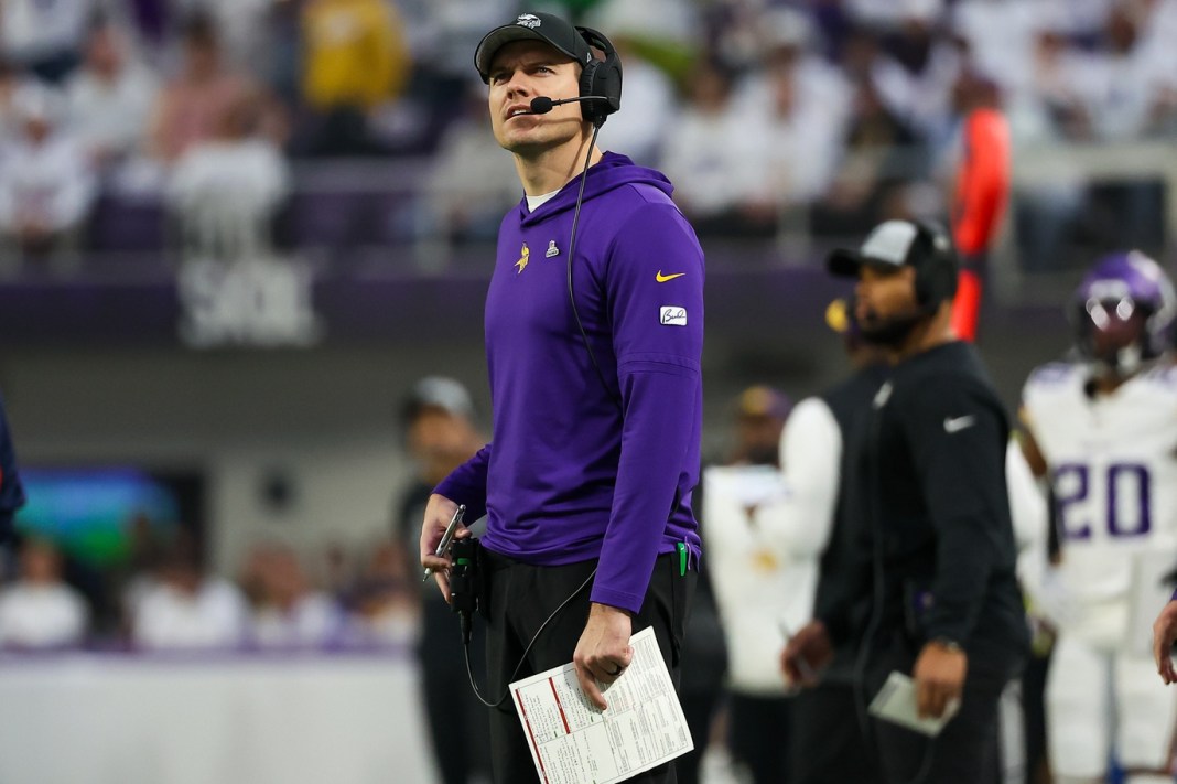 Minnesota Vikings head coach Kevin O'Connell looks on during the second quarter against the Detroit Lions