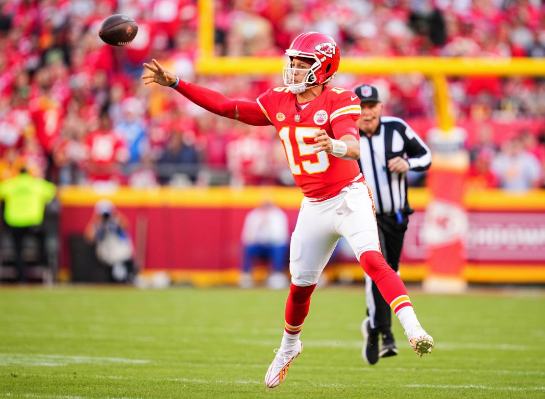 Kansas City Chiefs quarterback Patrick Mahomes (15) throws a pass during the second half against the Los Angeles Chargers at GEHA Field at Arrowhead Stadium