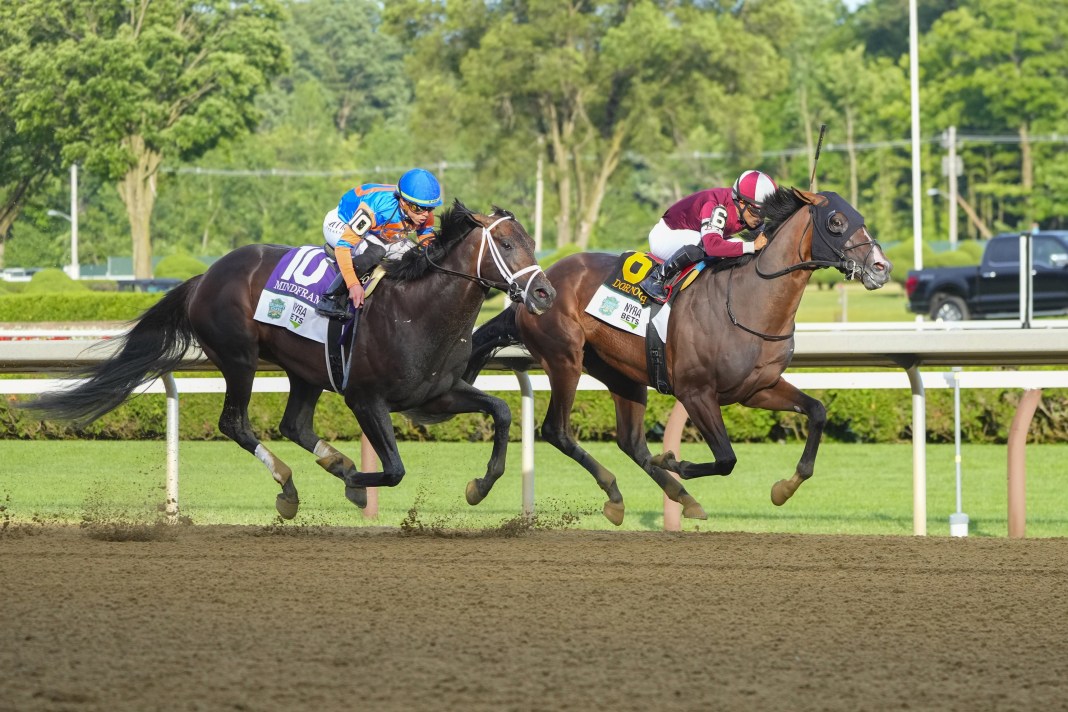 Dornoch with Luis Saez up (6) in the lead down the final front stretch followed by Mindframe with Irad Ortiz Jr. up (10) during the Belmont Stake at Saratoga Race Course