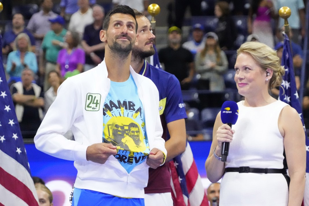 Novak Djokovic celebrates winning the 2023 US Open.