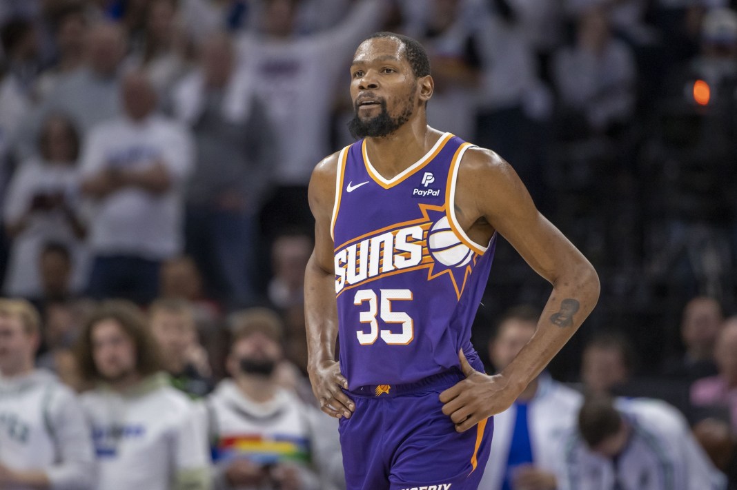 Phoenix Suns forward Kevin Durant looks on against the Minnesota Timberwolves in the NBA playoffs.