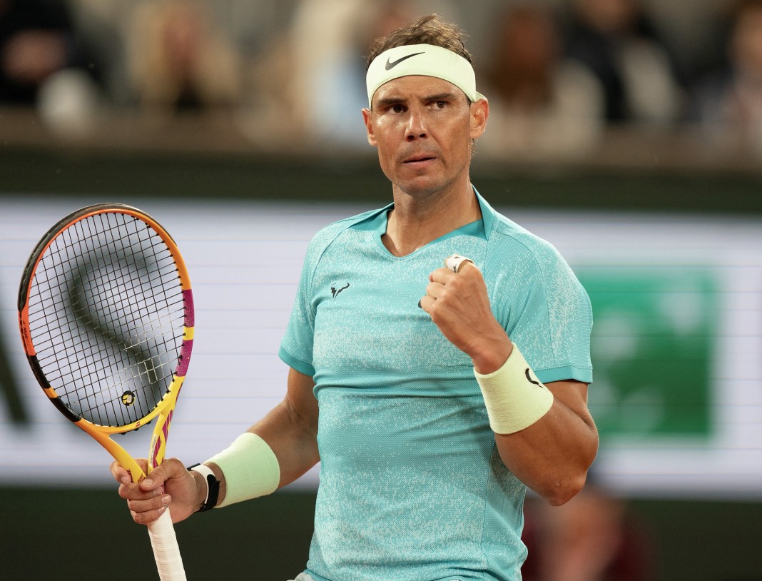 Rafael Nadal celebrates a big point against Alexander Zverev at the French Open.