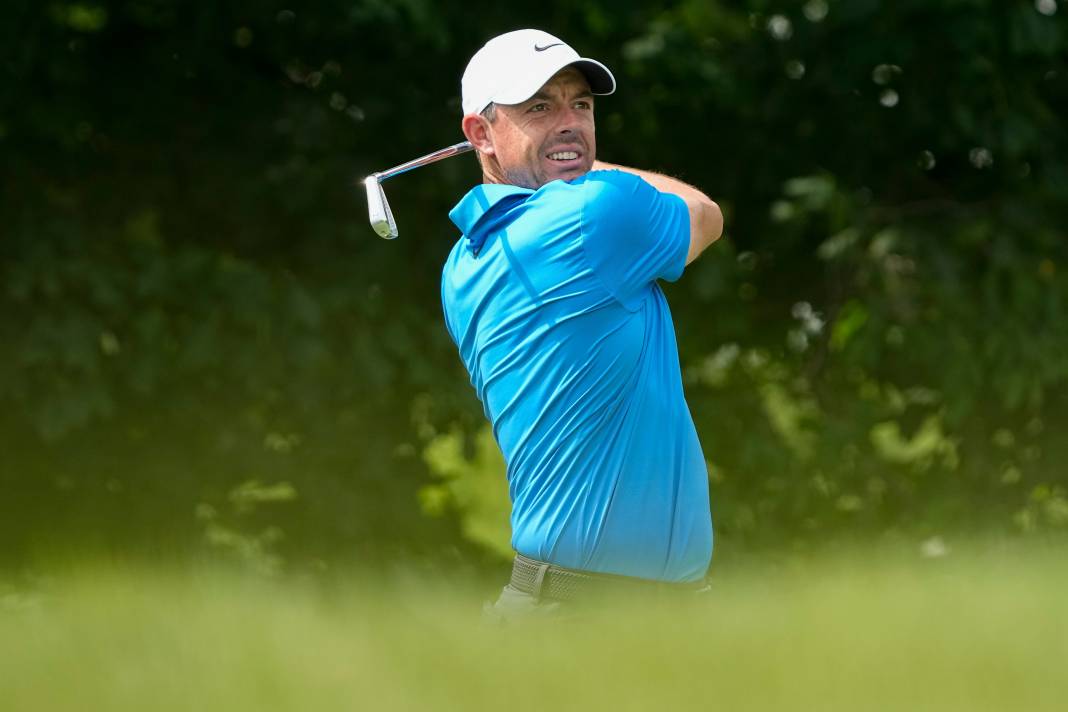 Rory McIlroy tees off on No. 14 during a practice round for the Memorial Tournament at Muirfield Village Golf Club