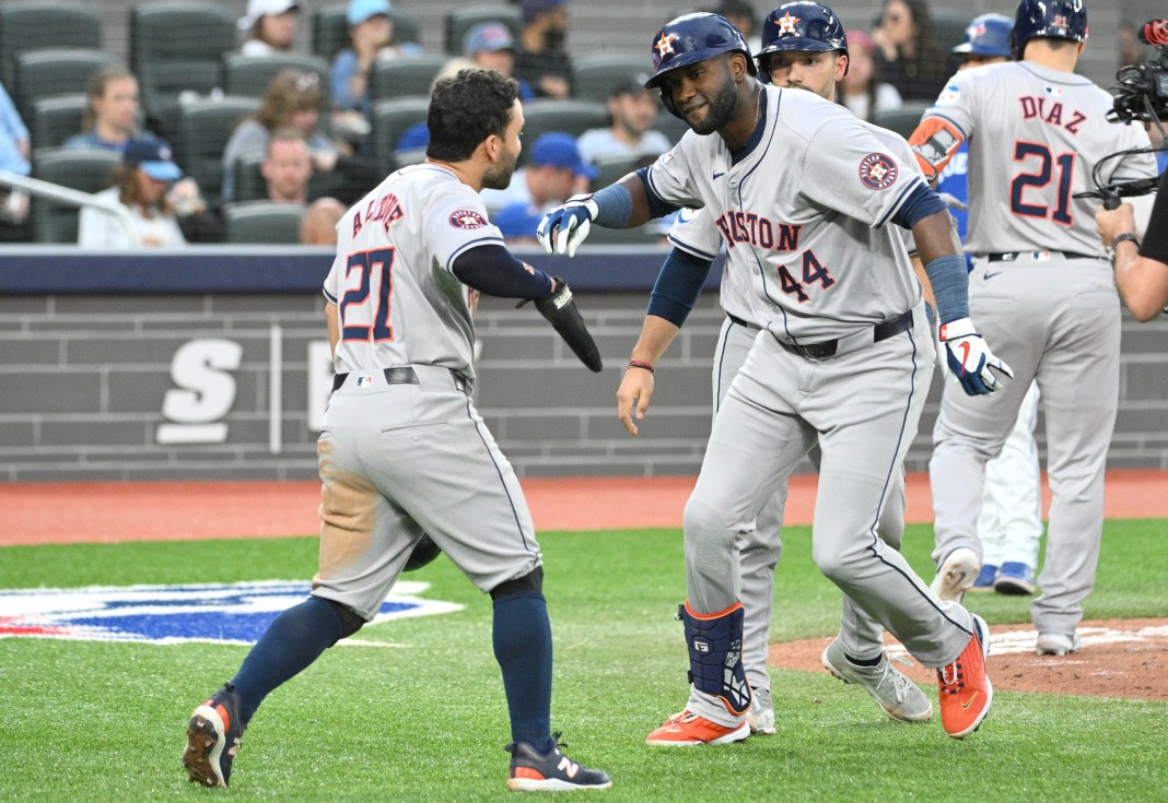 yordan alvarez and jose altuve celebrate an astros home run