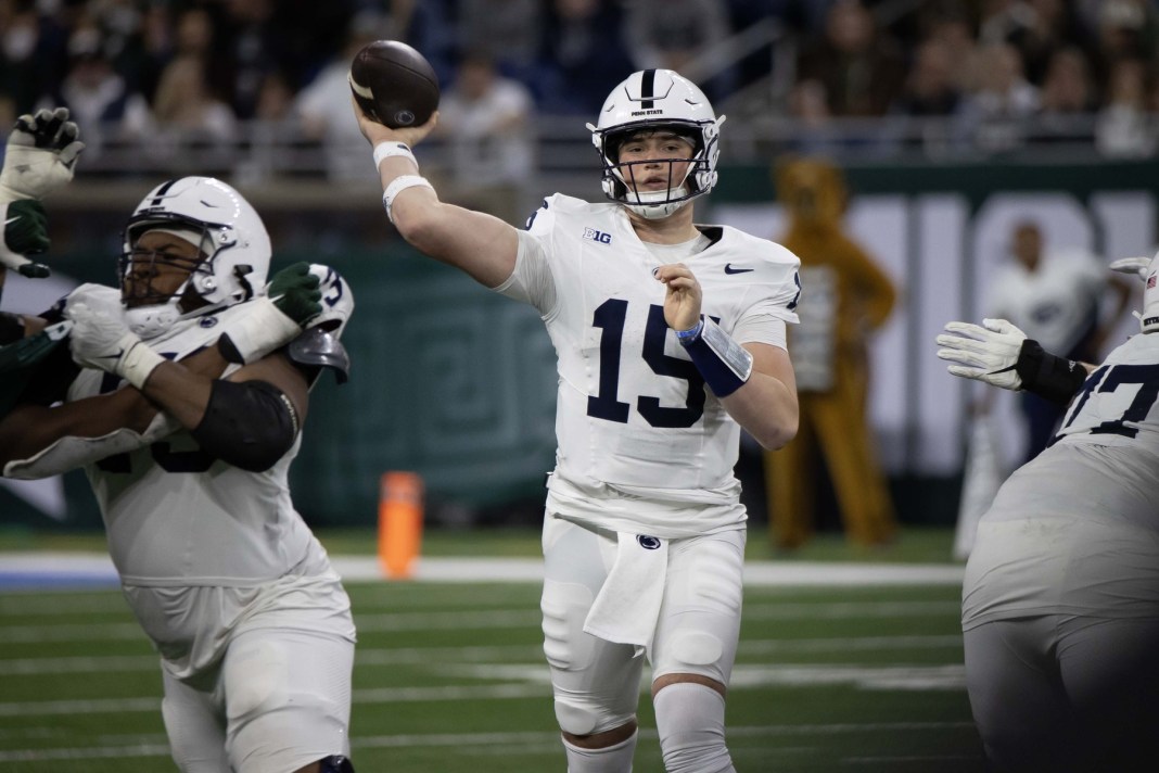 Penn State Nittany Lions quarterback Drew Allar (15) passes the ball against the Michigan State Spartans