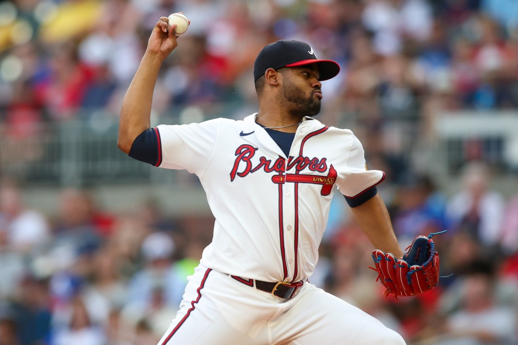 Atlanta Braves starting pitcher Reynaldo Lopez (40) throws against the Cincinnati Reds in the second inning at Truist Park