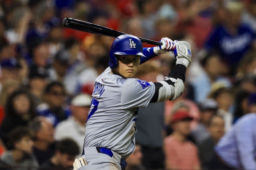 Los Angeles Dodgers designated hitter Shohei Ohtani (17) prepares on deck during the sixth inning against the Cincinnati Reds