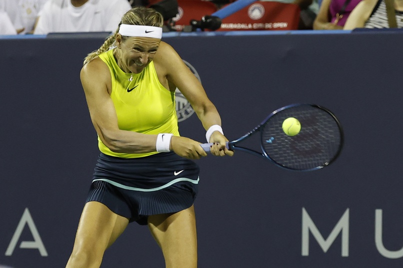 Victoria Azarenka hits a backhand against Aryna Sabalenka in Washington D.C.