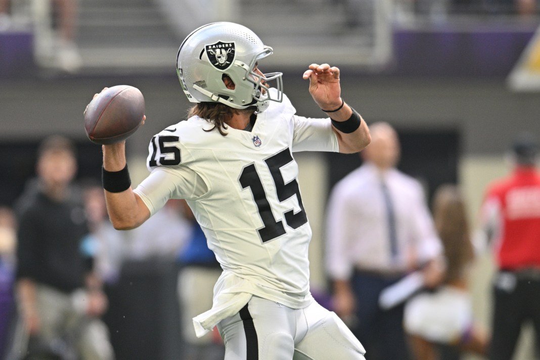 Las Vegas Raiders quarterback Gardner Minshew throws a pass against the Minnesota Vikings in Week 1 of the NFL Preseason.