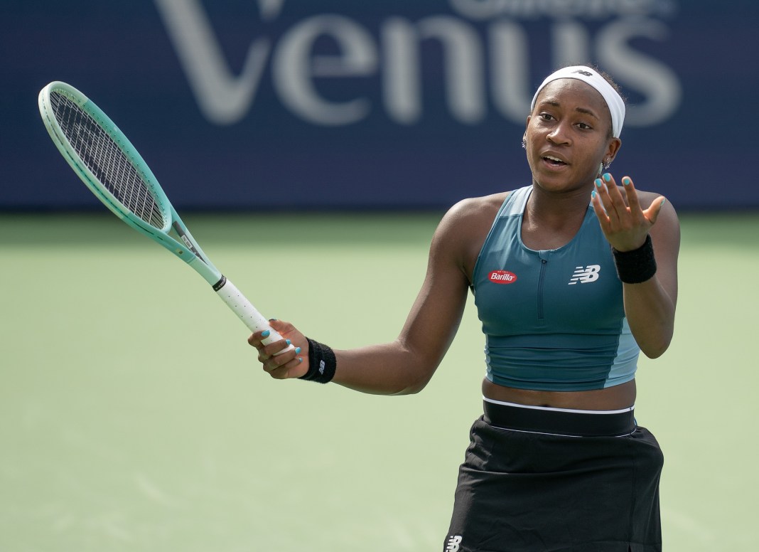 Coco Gauff reacts to a point at the Cincinnati Open.