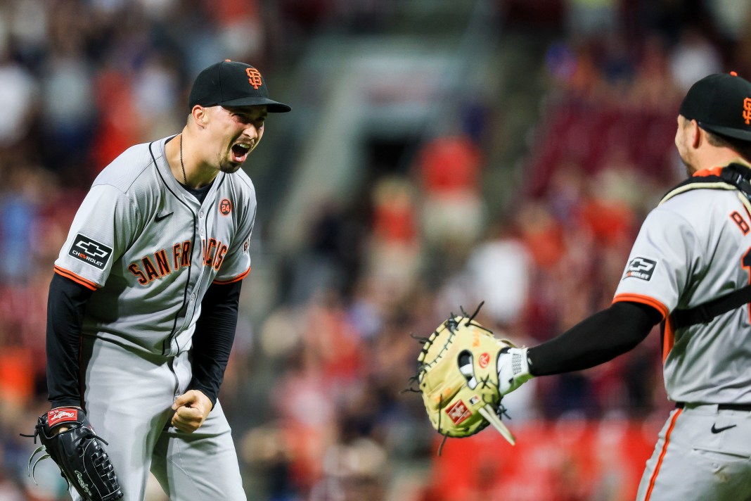 San Francisco Giants starting pitcher Blake Snell (7) celebrates after throwing a no-hitter against the Cincinnati Reds at Great American Ball Park