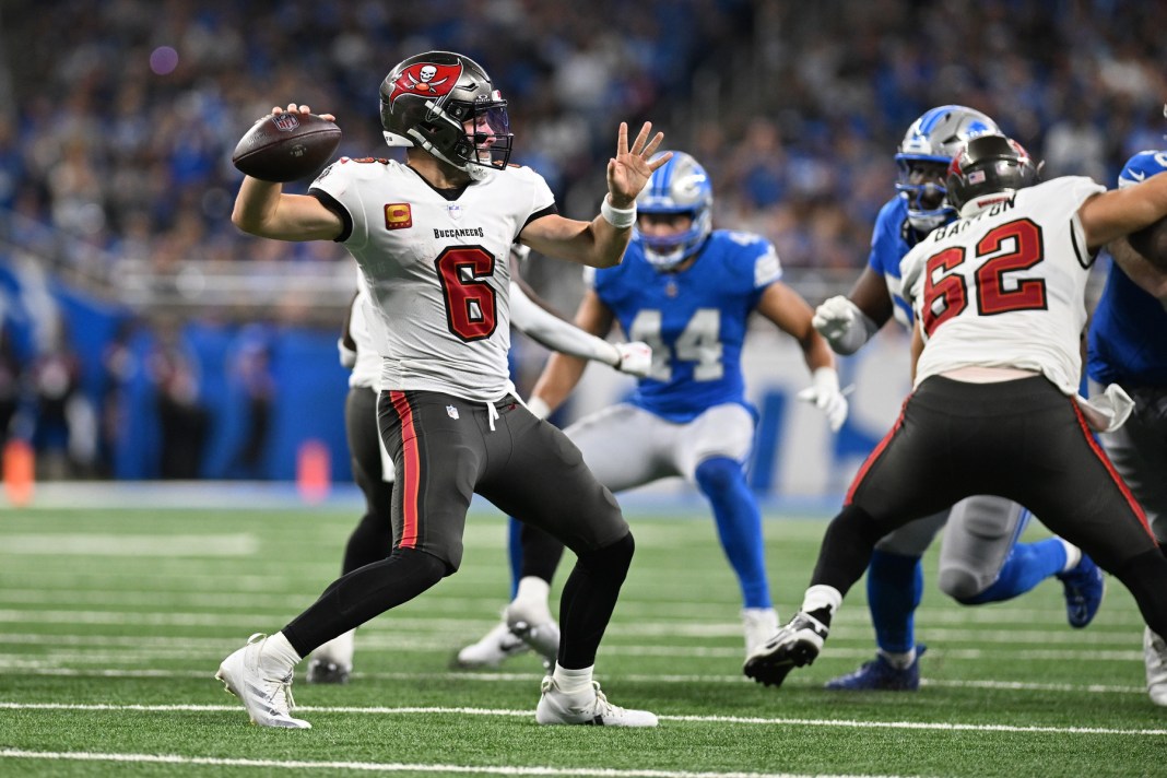 Tampa Bay Buccaneers quarterback Baker Mayfield (6) throws a pass against the Detroit Lions in the fourth quarter at Ford Field.