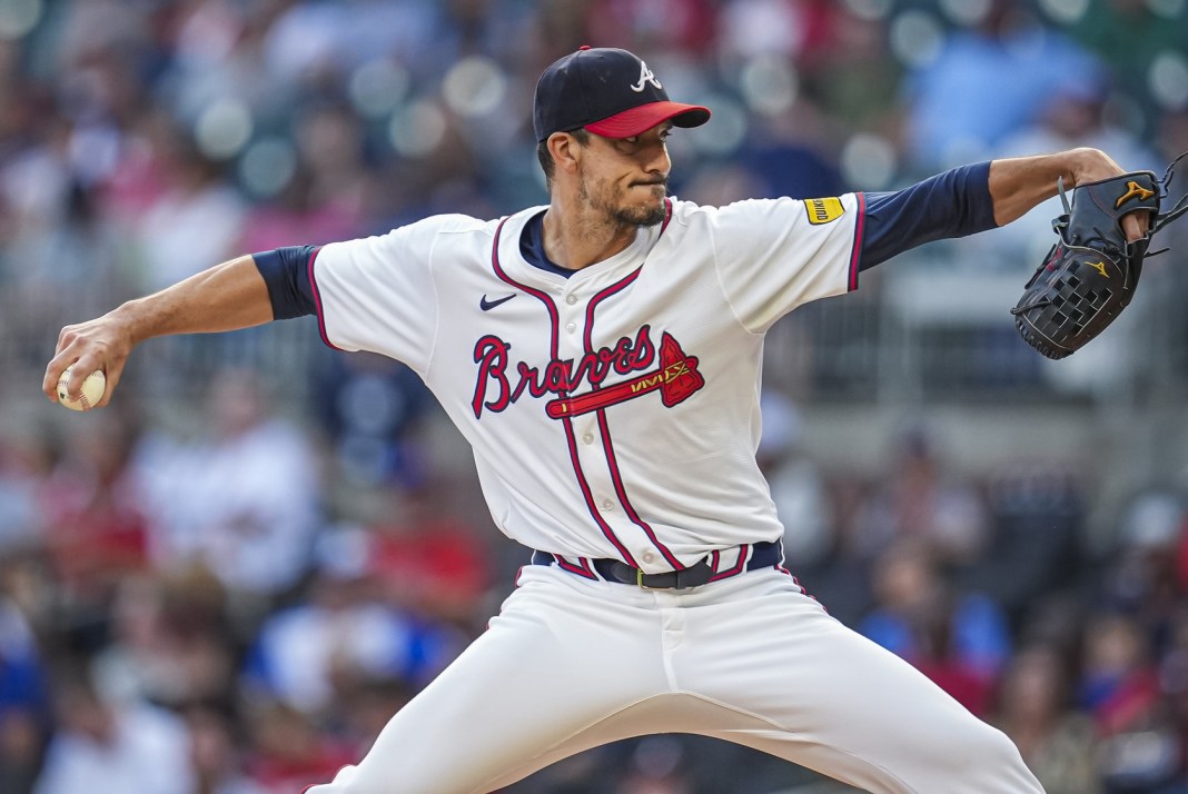 Atlanta Braves starting pitcher Charlie Morton (50) in action against the Cincinnati Reds during the first inning at Truist Park