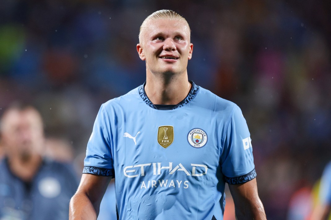 Manchester City forward Erling Haaland looks on at halftime against Barcelona during a Champions Tour friendly match at Camping World Stadium.