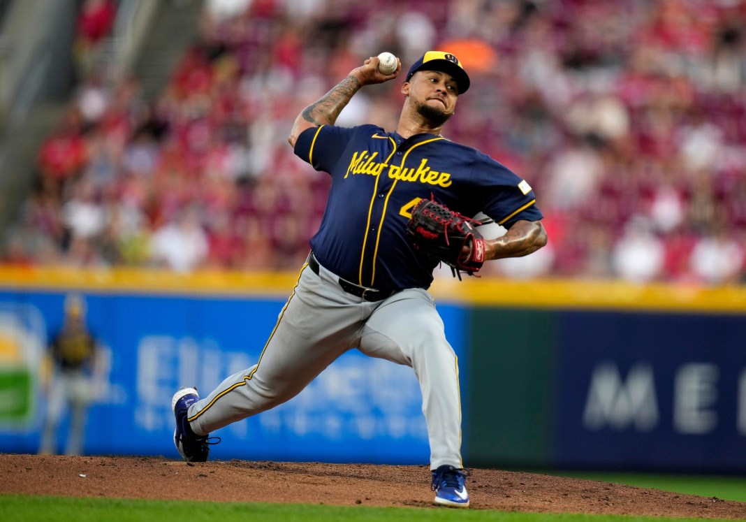 Milwaukee Brewers pitcher Frankie Montas (47) throws to the Cincinnati Reds in the1st inning at Great American Ball Park Saturday, August 31, 2024.