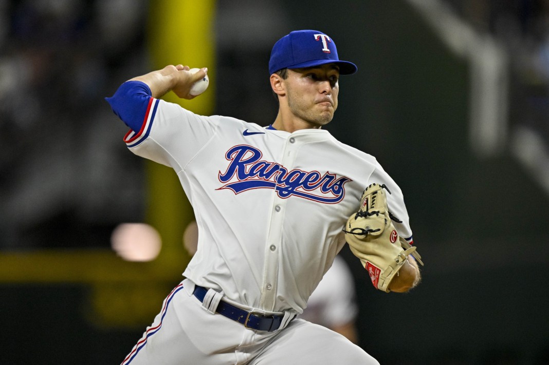 Texas Rangers starting pitcher Jack Leiter (35) in action during the game between the Texas Rangers and the New York Yankees at Globe Life Field