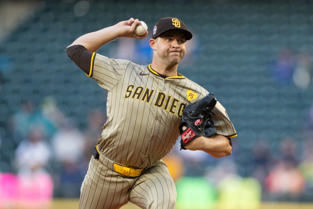 San Diego Padres starter Michael King (34) delivers a pitch during the first inning against the Seattle Mariners at T-Mobile Park.