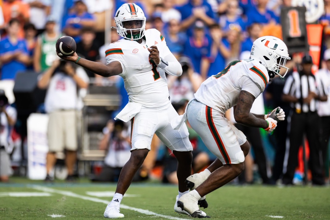 Miami quarterback Cam Ward throws a pass in a Week 1 win over Florida.