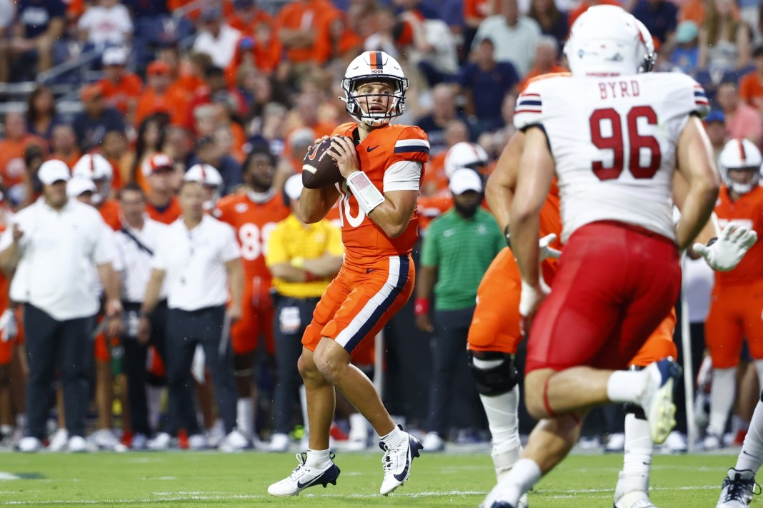 Virginia quarterback Anthony Colandrea throws a pass against Richmond.