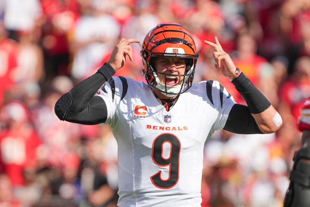 Cincinnati Bengals quarterback Joe Burrow changes a play against the Kansas City Chiefs in Week 2 of the 2024 NFL season.