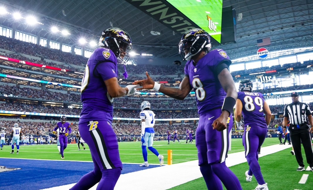 The Ravens celebrate a touchdown in their win over the Cowboys in Week 3 of the 2024 NFL season.